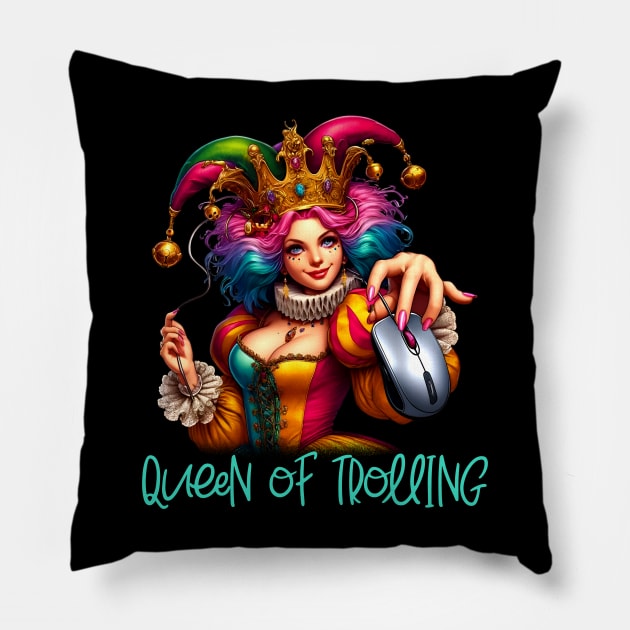 The Queen of Trolling - Whimsical Jester Crown & Computer Mouse Tee Pillow by JJDezigns