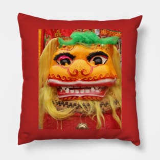 Golden red Chinese Dragon mask closeup Pillow