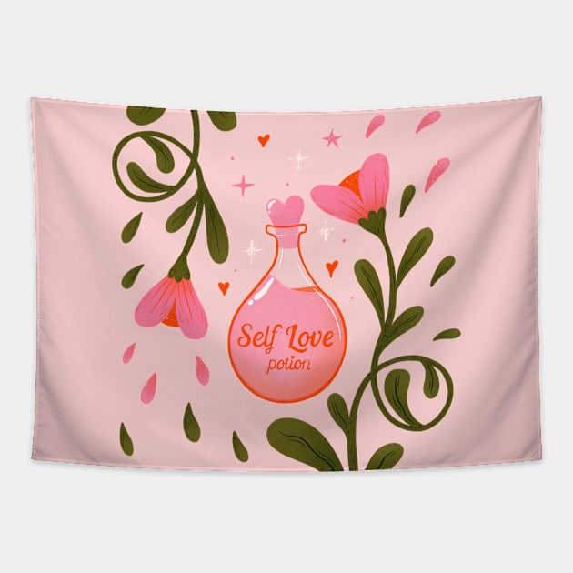 Pink self love potion witchy illustration Tapestry by WeirdyTales