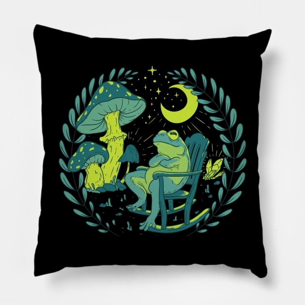 Goblincore Aesthetic Cottagecore Frog waiting for mushrooms to grow (Green) - Mycology Shrooms Fungi Pillow by anycolordesigns