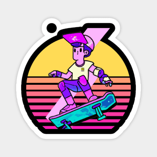 Cyberpunk Skateboarder With Retro Sunset Magnet