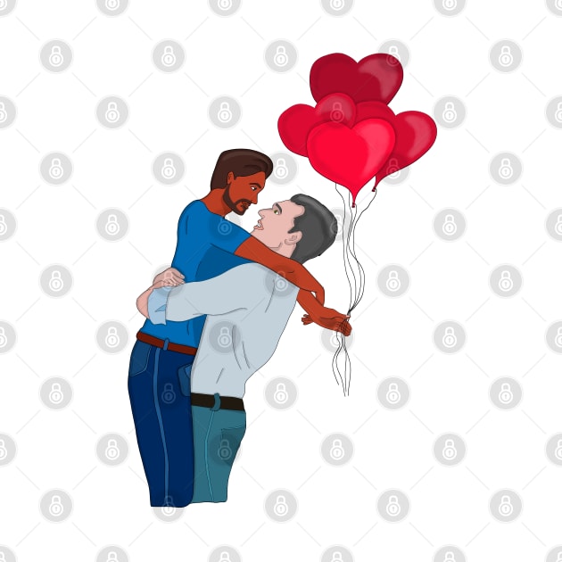 Male Couple Hugging While Holding Heart Shaped Balloons by DiegoCarvalho