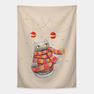 Cat and kitten with Red scarf. Merry Christmas Tapestry