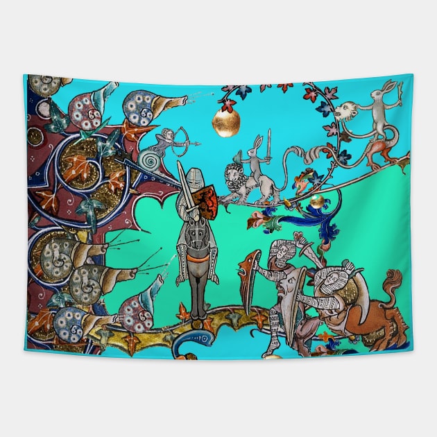 WEIRD MEDIEVAL BESTIARY WAR, KNIGHTS AND KILLER RABBITS FIGHTING WITH GIANT SNAILS Teal Blue Green Tapestry by BulganLumini