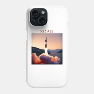 "Solar Soar - Majestic Rocket Launch Tee, Sunset Horizon Design, Vibrant Red, Orange, and White T-shirt, Inspirational 'Soar' Motif, Aesthetic Space Exploration Shirt" Phone Case