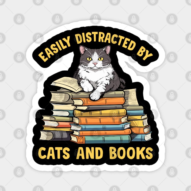 Easily Distracted by Cats and Books Funny Cat Lover Magnet by Rosemat