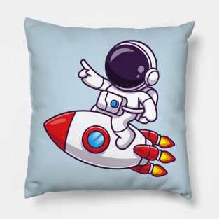 Cute Astronaut Pointing On Rocket Cartoon Pillow