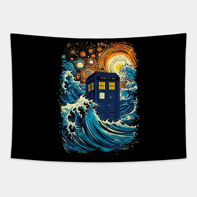 The great kanagawa wave and the tardis Tapestry by Virhayune