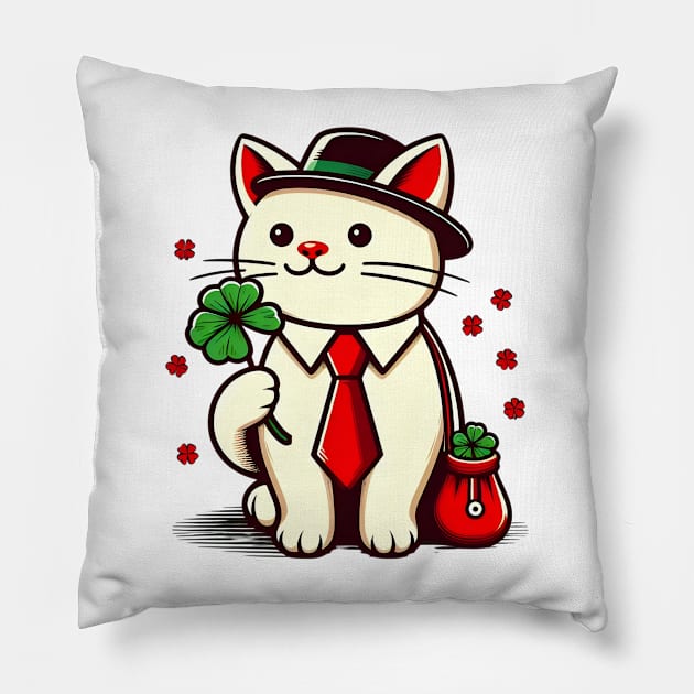 Cat Holding Shamrock for St Patricks Day Pillow by Rizstor