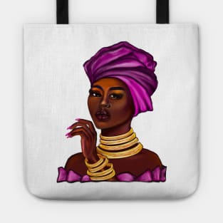 side eye Queen  Black is beautiful black girl with Gold bangles, neck ring necklace, purple dress and head wrap, brown eyes and dark brown skin ! Tote