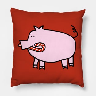 Cute Christmas Pig with Candy Cane in Mouth Pillow