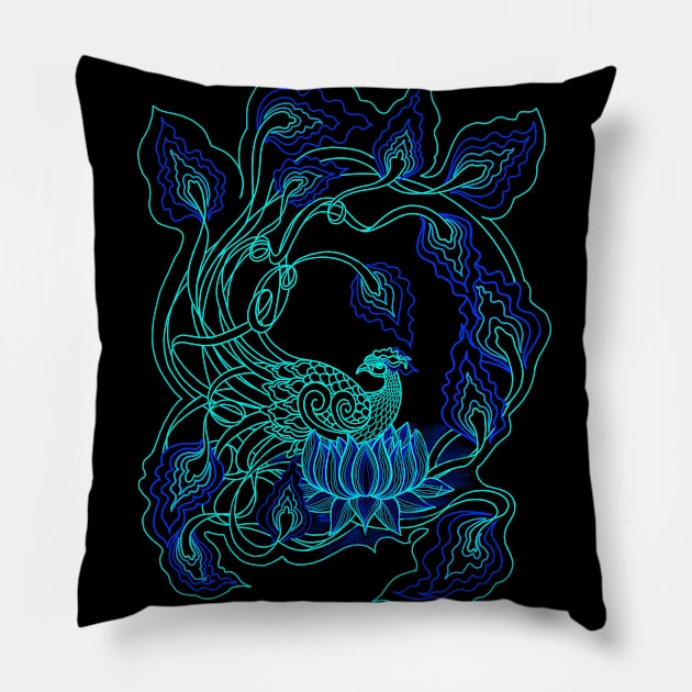 Blue Phoenix and the lotus Pillow by FitzGingerArt