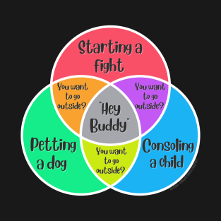 Venn Diagram Hey Buddy Starting a fight Petting a dog Consoling a child T-Shirt