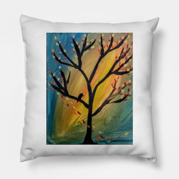 Black bird in the tree as the wind blows leaves off the tree Pillow by kkartwork