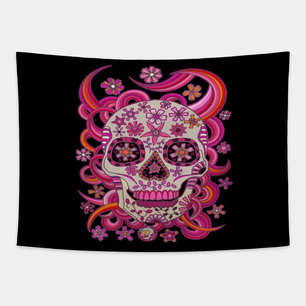 Sugar Skull Pink Flowers - Dia De Los Muertos - Pink Skull Tapestry by Scriptnbones