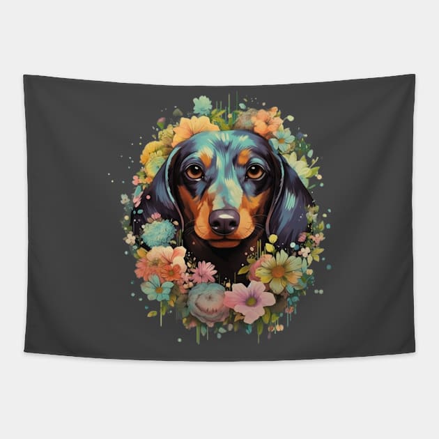 Floral Furry Friend: Vintage Dachshund Delight ' Tapestry by blackjackdavey