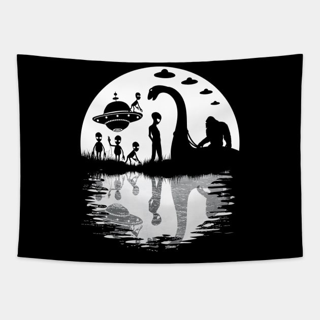 Funny Bigfoot riding loch ness monster and aliens Tapestry by Tesszero