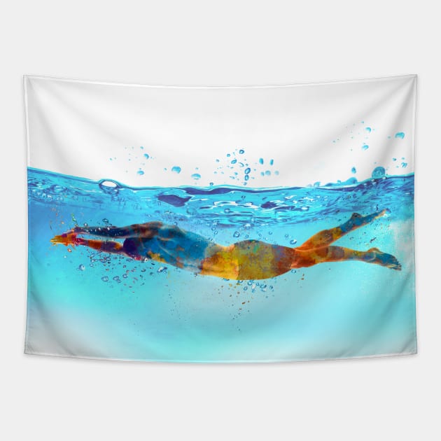 Swimmer in watercolor Tapestry by PaulrommerArt