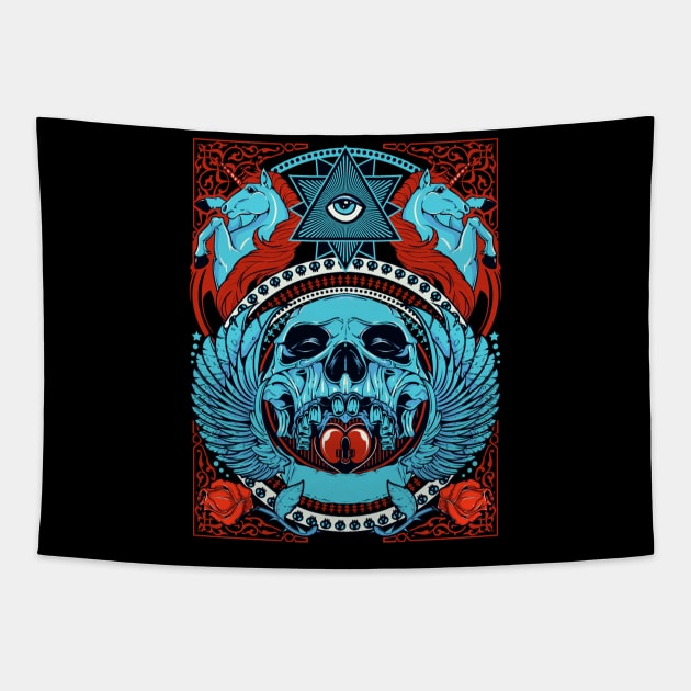 skull with horse and wings Tapestry by MuftiArt