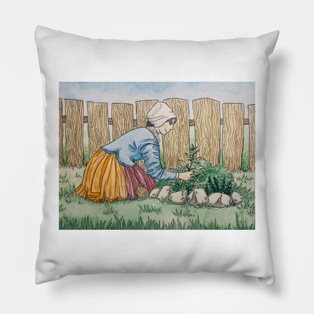 Pilgrim Woman Tending Garden Pillow by Amazink Creations