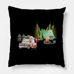 Camping Collage Vintage Forest Car Retro Pillow