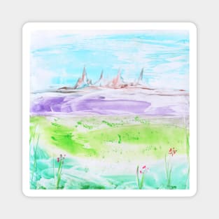 Summer landscape, valley, beautiful nature. Encaustic, art decoration, sketch. Magnet