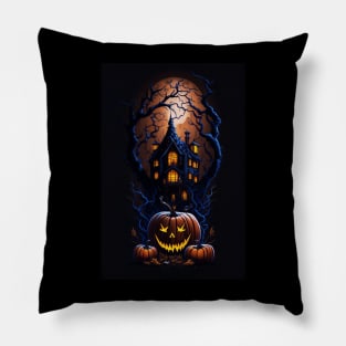 Haunted House And Pumpkins Pillow