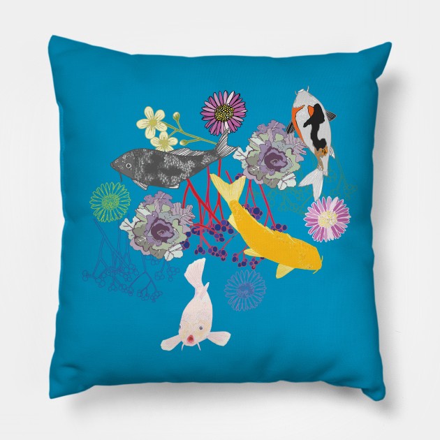 Swimming koi carp in flowers Pillow by Naty Design Prague