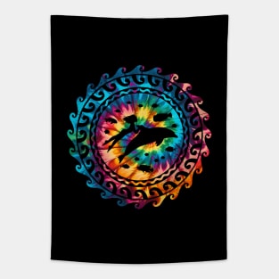 Dolphin and freediver Rainbow Tie Dye Tapestry