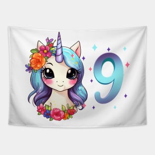 I am 9 with unicorn - girl birthday 9 years old Tapestry