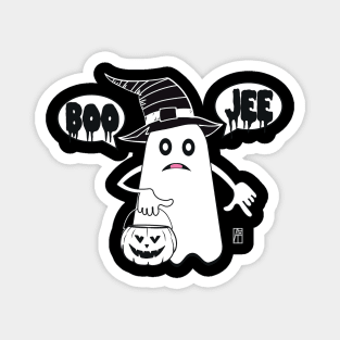 Ghost with pumpkin and hat says BOO JEE - cute Halloween Magnet