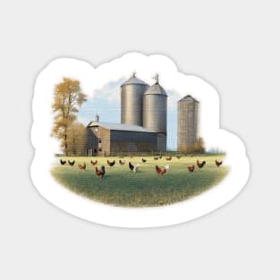 Field of chickens in front of a barn and silo Magnet