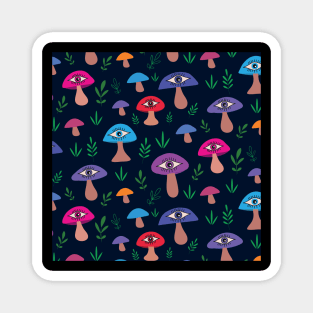 Trippy psychedelic  surreal mushroom pattern with eyes and leaves Magnet