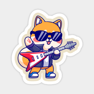 Cute Shiba Inu Playing Electric Guitar Cartoon Magnet