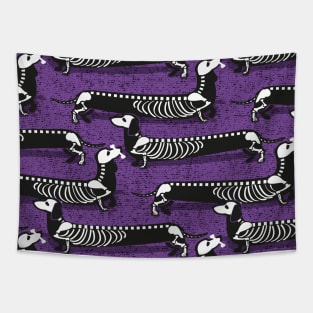 Spooktacular long dachshunds skeleton // pattern // studio purple background and skeleton dogs Tapestry