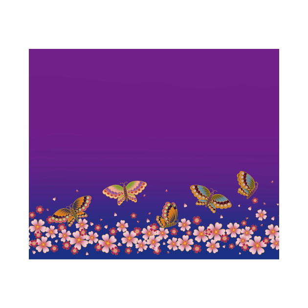 Japanese Butterflies over Sakura Blossoms (Blue & Purple) by Mozartini