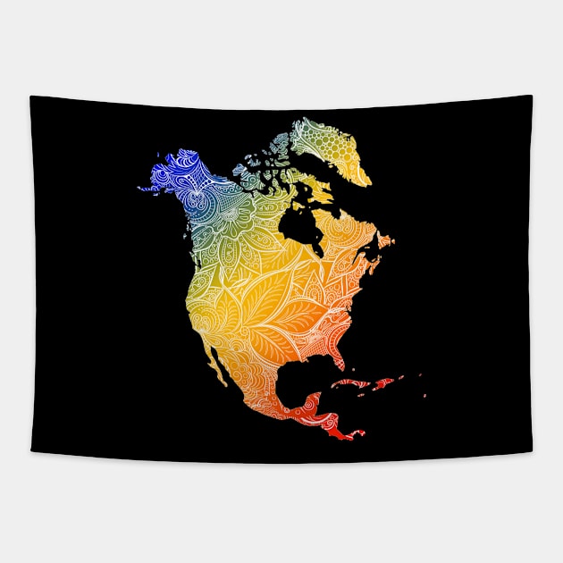 Colorful mandala art map of North America with text in blue, yellow, and red Tapestry by Happy Citizen