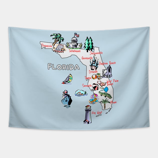 tourism map of Florida state, USA, major cities, attractions, flag Tapestry by Mashmosh