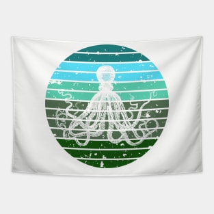 Green blue octopus retro artwork sunrise Tapestry