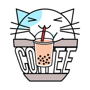 Cat in coffee cup with warped text drinking boba light blue T-Shirt