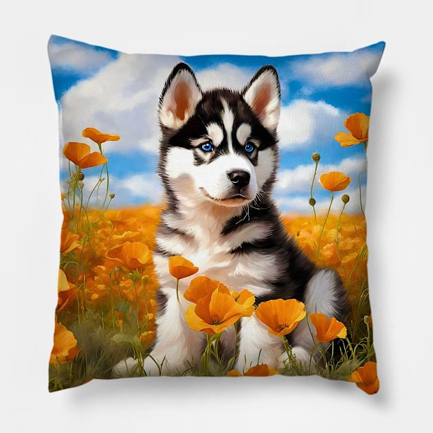 California Poppy Siberian Husky Pillow by Doodle and Things