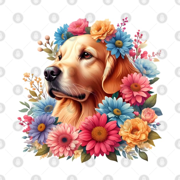 A golden retriever with beautiful colorful flowers by CreativeSparkzz