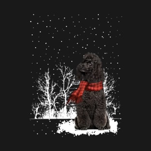 Christmas Black Mini Poodle With Scarf In Winter Forest T-Shirt