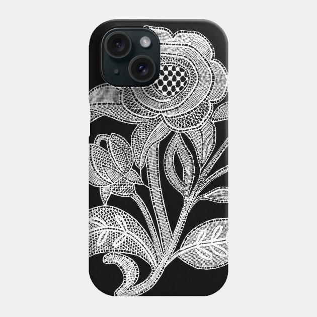 embroidery image with fabric and threads forming a stylized black and white flower branch Phone Case by Marccelus