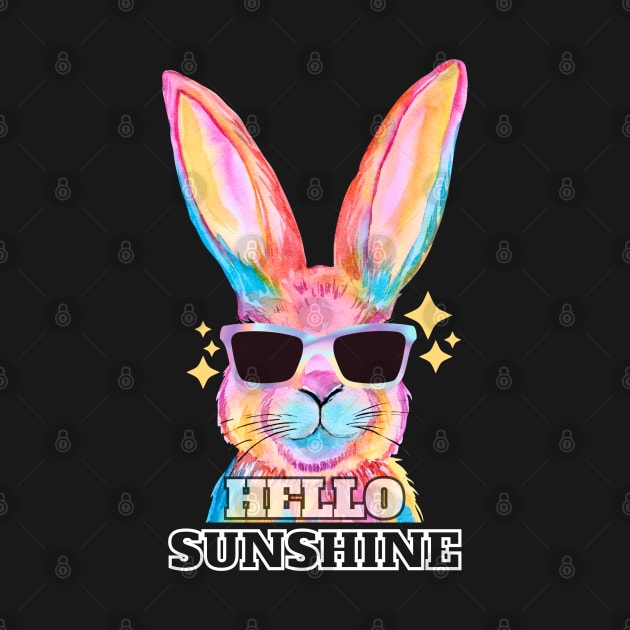 Hello Sunshine - Rainbow Bunny greeting with shades on by The Magic Yellow Bus