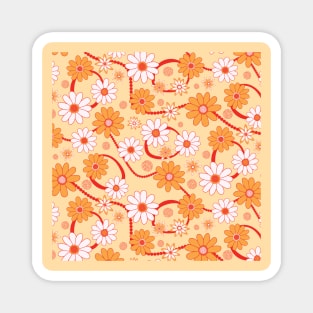 Vibrant Retro Floral Pattern in Hand-Drawn Style - Orange, Red and Pink Magnet