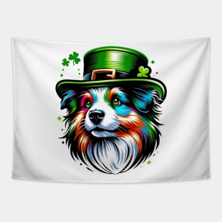 Miniature American Shepherd Enjoys Saint Patrick's Day Tapestry