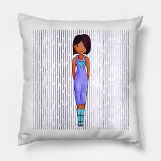 Cute brown girl wearing turquoise boots and a purple outfit with a turquoise heart. Pillow