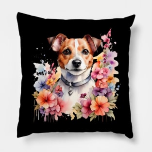 A jack russell terrier decorated with beautiful watercolor flowers. Pillow