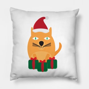 Cute Cartoon Cat with Santa Hat and Green Red Gifts Pillow